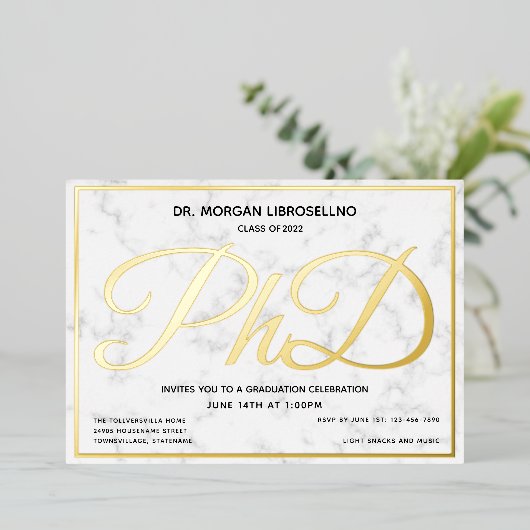 Marble Gold White PhD Afstuderen Folie Uitnodiging (Staand Voorkant)