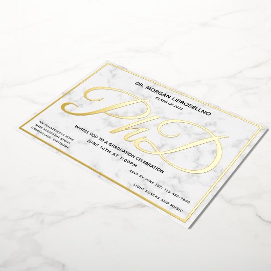 Marble Gold White PhD Afstuderen Folie Uitnodiging (Gedraaid)