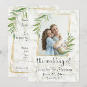 Marble Greenery Gold Geometric Photo Wedding Kaart (Voorkant / Achterkant)