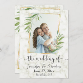 Marble Greenery Gold Geometric Photo Wedding Kaart