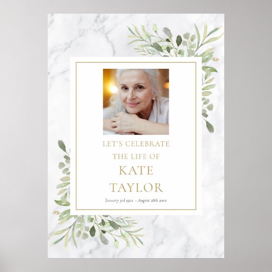 Marble Greenery Photo Celebration of Life Sign Poster (Voorkant)