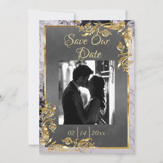 Marble & Grey, Gold Frame, Gold Heart Save The Date (Voorkant)