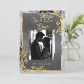 Marble & Grey, Gold Frame, Gold Heart Save The Date (Staand voorkant)