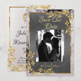Marble & Grey, Gold Frame, Gold Heart Save The Date