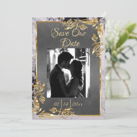 Marble & Grey, Gold Frame, Silver Heart Save The Date (Staand voorkant)