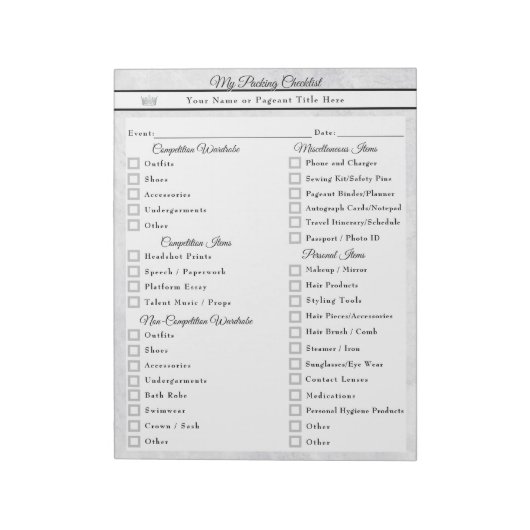Marble Ice Custom Pageant Packing Checklist Notitieblok (Linkerzijde)