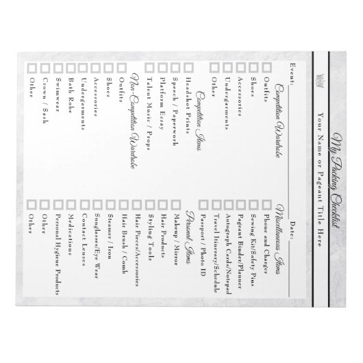 Marble Ice Custom Pageant Packing Checklist Notitieblok (Voorkant)
