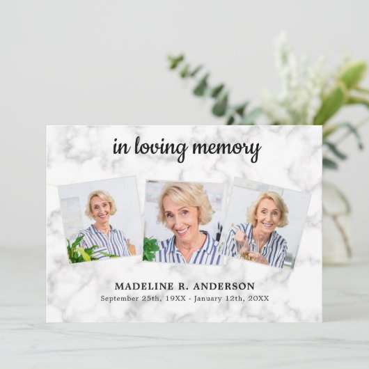 Marble in Loving Memory 3 Photo Sympathy Funeral Bedankkaart (Staand voorkant)
