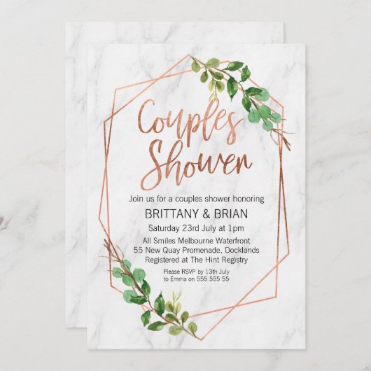 Marble Line Art Greenery Paren Douche Uitnodiging (Voorkant / Achterkant)