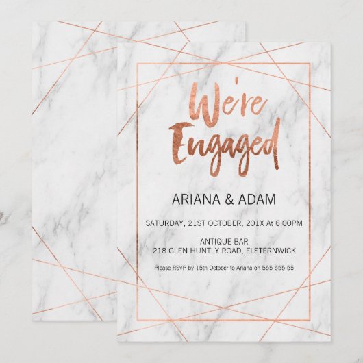 Marble Line Art Roos Gold Verloving Uitnodiging (Voorkant / Achterkant)