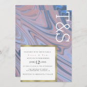 Marble Liquid Blush Blue Gold Typography Weddensch Kaart (Voorkant / Achterkant)