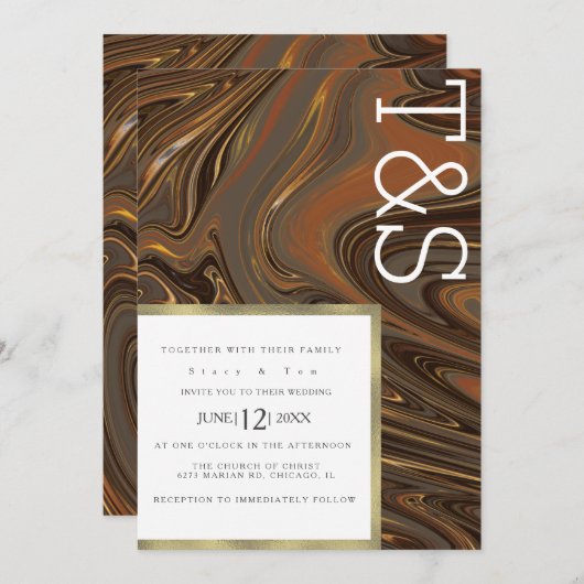 Marble Liquid Brown Gold Typography Weddenschap Kaart (Voorkant / Achterkant)
