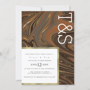 Marble Liquid Brown Gold Typography Weddenschap Kaart