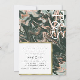 Marble Liquid Coral Greenery Typography Wedding Kaart