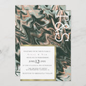 Marble Liquid Coral Greenery Typography Wedding Kaart (Voorkant / Achterkant)