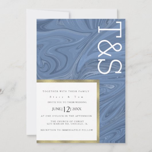 Marble Liquid Dark Blue Gold Typography Weddenscha Kaart (Voorkant)