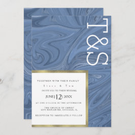 Marble Liquid Dark Blue Gold Typography Weddenscha Kaart