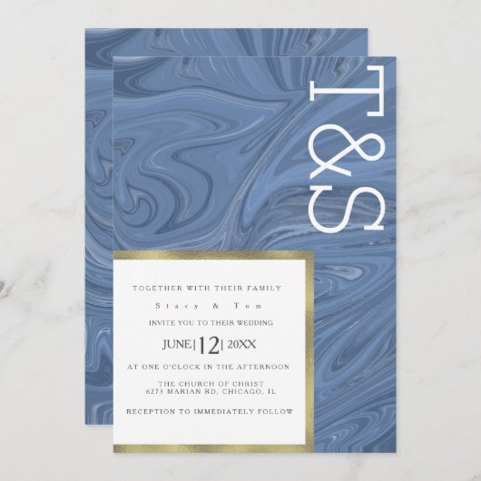 Marble Liquid Dark Blue Gold Typography Weddenscha Kaart (Voorkant / Achterkant)