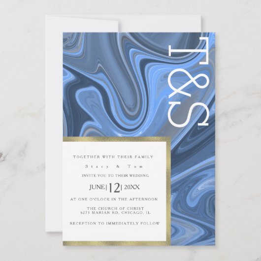 Marble Liquid Navy Blue Gold Typography Weddenscha Kaart (Voorkant)