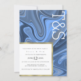 Marble Liquid Navy Blue Gold Typography Weddenscha Kaart