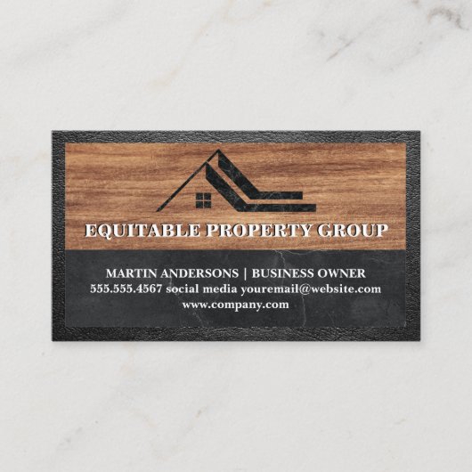Marble Logo Real Estate Agent | Houtleder Visitekaartje (Voorkant)