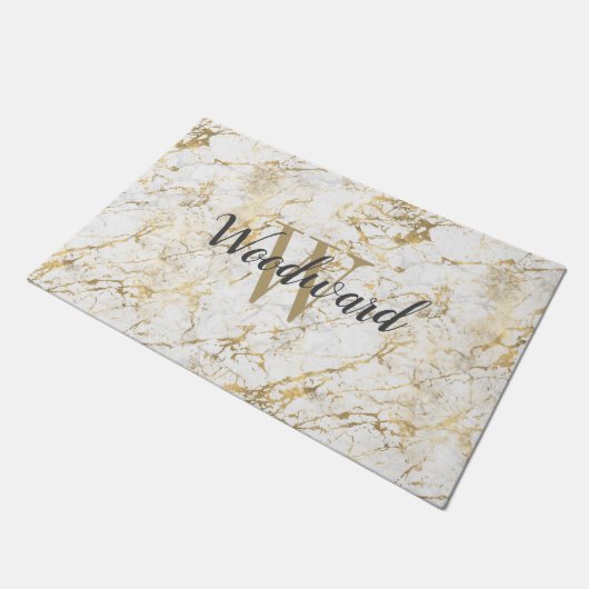 Marble Monogram Gold White Script - Aangepast Deurmat (Schuin)
