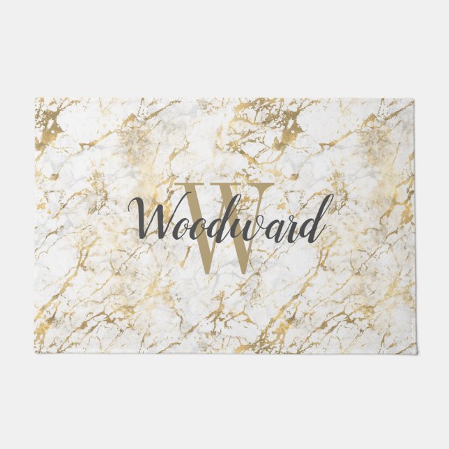 Marble Monogram Gold White Script - Aangepast Deurmat (Voorkant)