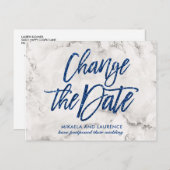 Marble Navy Blue glitter script de datum wijzigen Aankondigingskaart (Voorkant / Achterkant)
