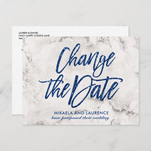 Marble Navy Blue glitter script de datum wijzigen Aankondigingskaart (Voorkant / Achterkant)