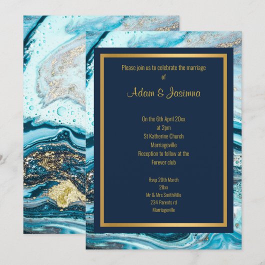 MARBLE NAVY GOLD LAYERED WEDDING INVITATION KAART (Voorkant / Achterkant)