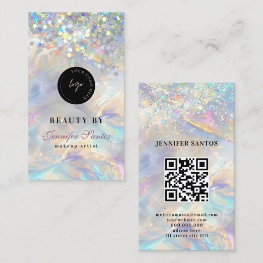 Marble Opal Holographic Glitter QR-code Visitekaartje (Voorkant / Achterkant)