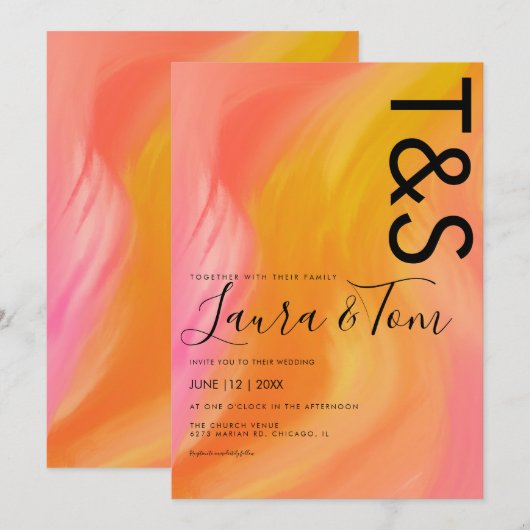 Marble Oranje Pink Typography Abstract Wedding Kaart (Voorkant / Achterkant)