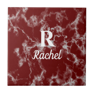 Marble Pattern Burgundy Red Monogram Initiaal Name Tegeltje