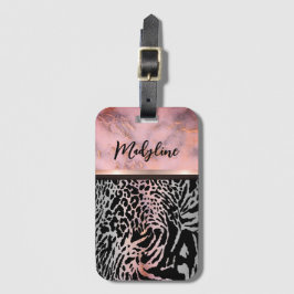 Marble Pink Chic Tiger Safari Print Bagagelabel