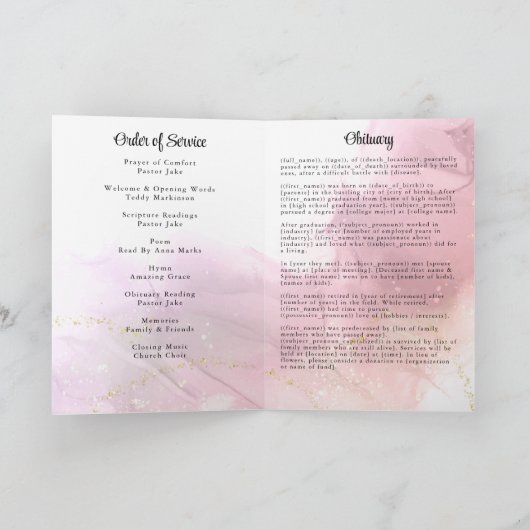 Marble Pink en Gold Floral Funeral Programme Programma (Binnen)