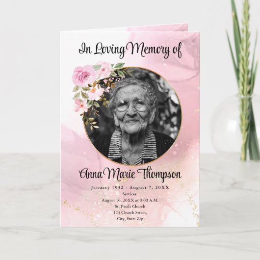 Marble Pink en Gold Floral Funeral Programme Programma (Voorkant)