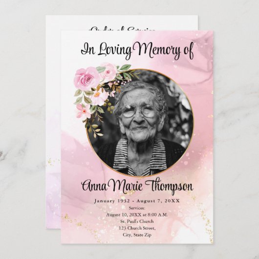 Marble Pink en Gold Floral Funeral Programme Programmakaart (Voorkant / Achterkant)