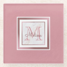 Marble Pink Rose Gold Monogram Glazen Onderzetter