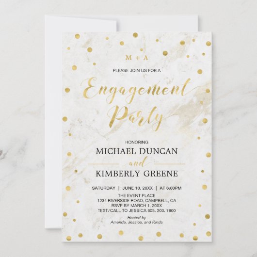 Marble & Polka dot | Moderne Gold Engagement Party Kaart (Voorkant)