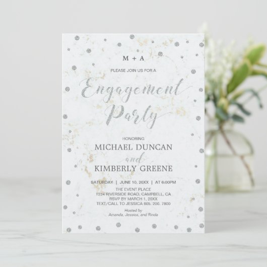 Marble & Polka dot | Silver Engagement Party Kaart (Staand voorkant)