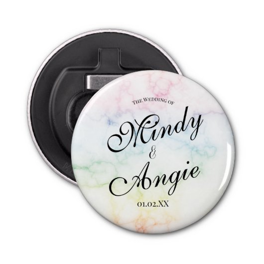 Marble Rainbow Gay Script Wedding Button Flesopener (Voorkant)