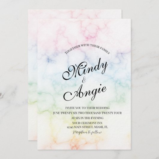 Marble Rainbow Gay Script Wedding Kaart (Voorkant / Achterkant)