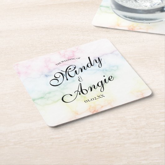 Marble Rainbow Gay Script Wedding Kartonnen Onderzetters (Schuin)