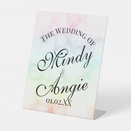 Marble Rainbow Gay Script Wedding Reclamebord Met Voetstuk (Voorkant)