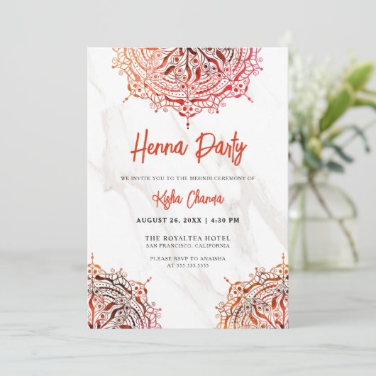 Marble Rode Mandala Mehndi Henna Feest Kaart (Staand voorkant)