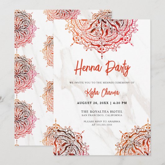 Marble Rode Mandala Mehndi Henna Feest Kaart (Voorkant / Achterkant)