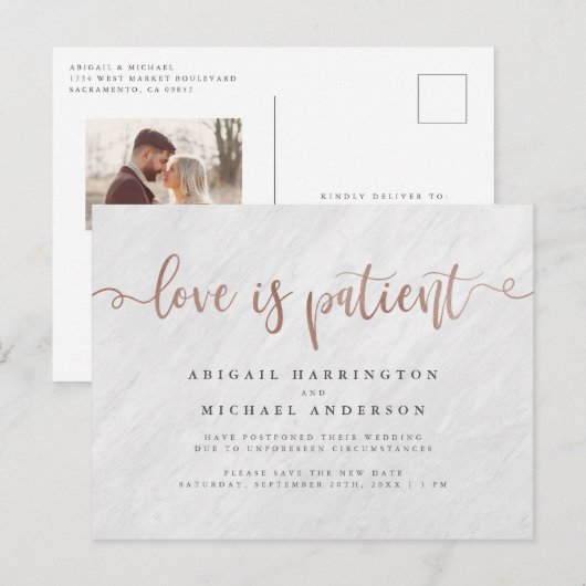Marble & Roos Gold Calligraphy Love is Patient Uitnodiging Briefkaart (Voorkant / Achterkant)