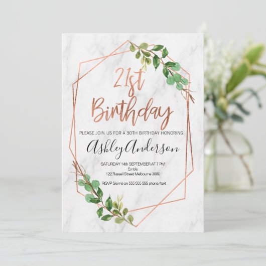Marble Roos Gold Foliage 21st Birthday-uitnodiging Kaart (Staand voorkant)