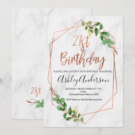 Marble Roos Gold Foliage 21st Birthday-uitnodiging Kaart (Voorkant / Achterkant)