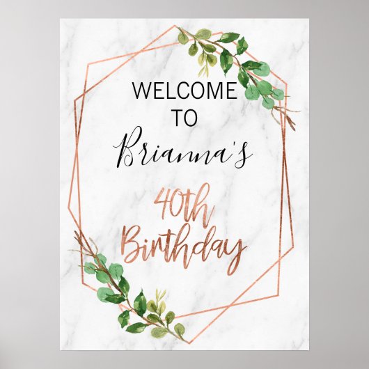 Marble Roos Gold Foliage 40th Birthday Welkom Poster (Voorkant)